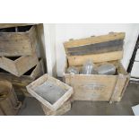 Large vintage packing case together with contents including various carboy bottles etc