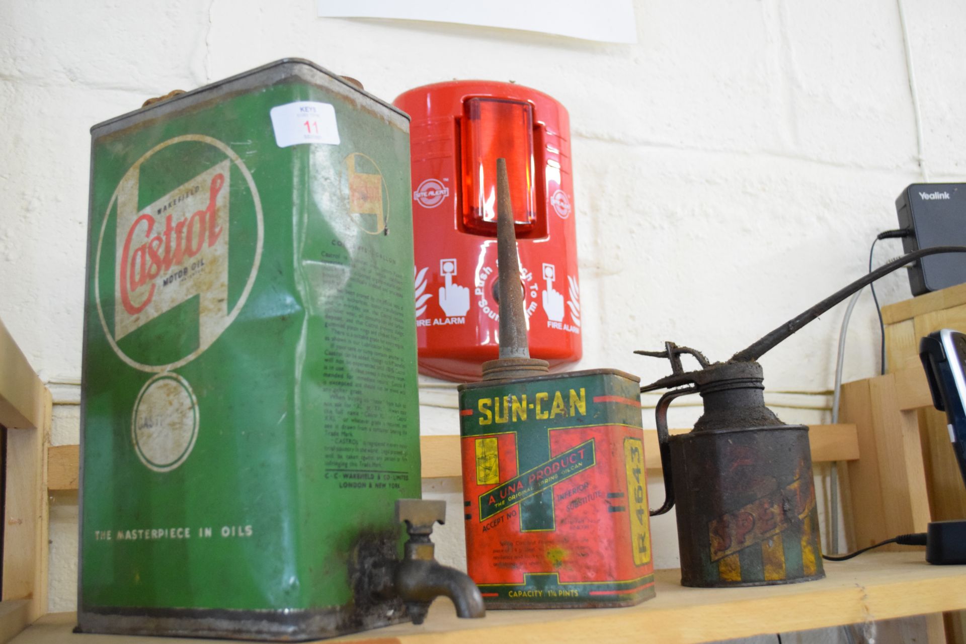 Selection of oil cans, one marked Castrol Motor Oil plus two others