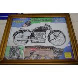 Framed motorcycle interest print, various clippings from magazines