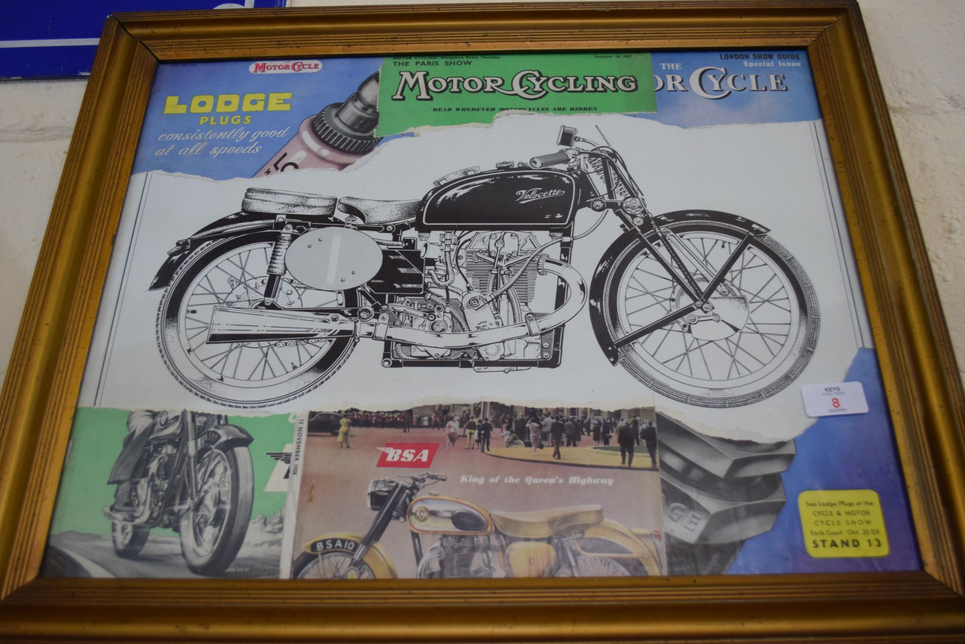 Framed motorcycle interest print, various clippings from magazines