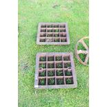 Pair of cast iron drain covers, marked "Dudley & Dowell Ltd, Cradley Heath, Staffs", 53cm square