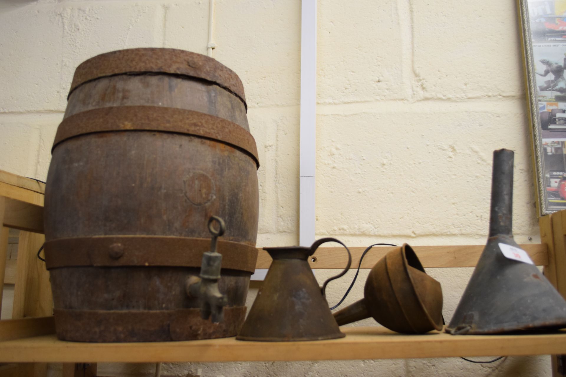 Small oak water/wine barrel with half pint tin jug and two funnels