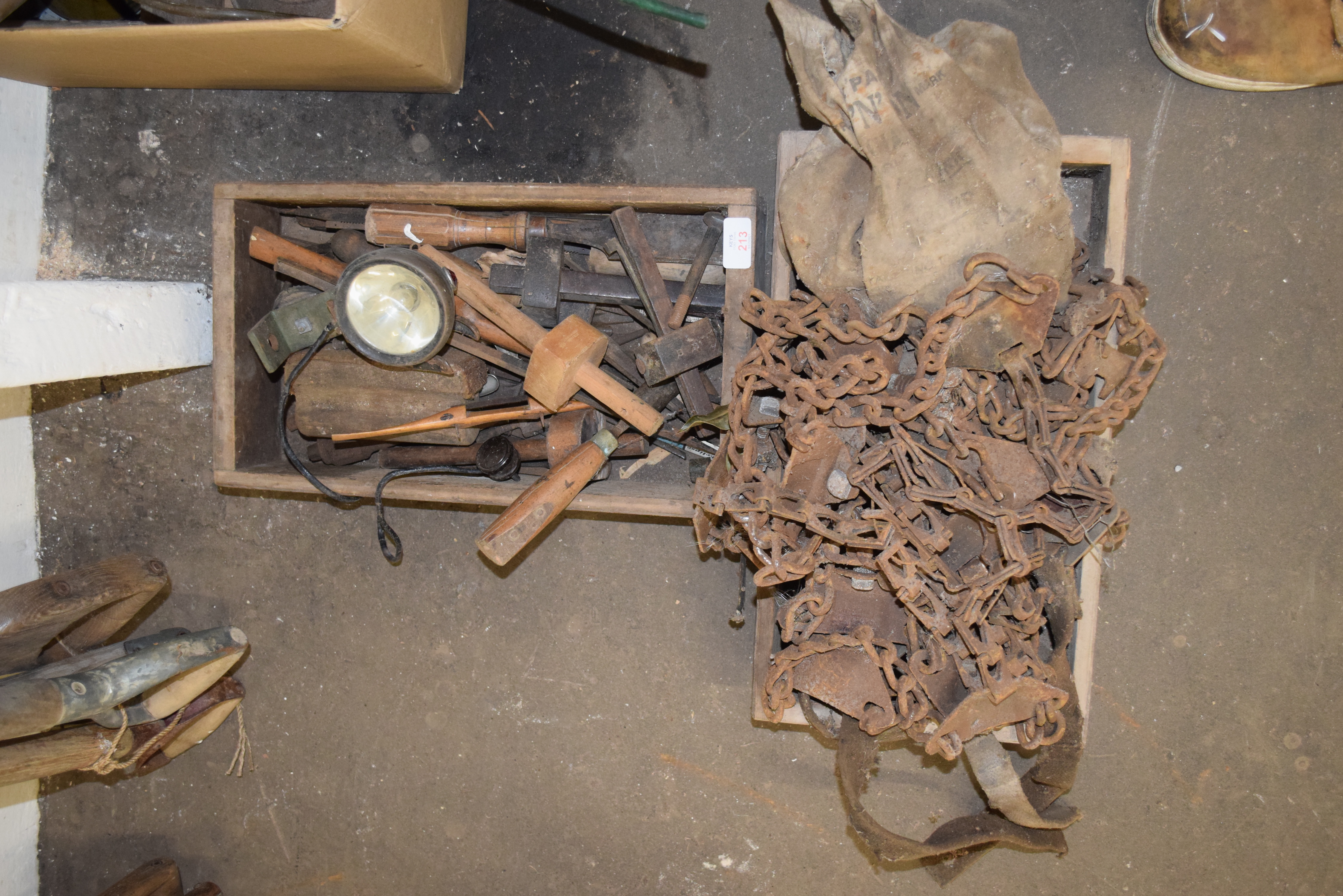 Two wooden boxes containing vintage tools etc