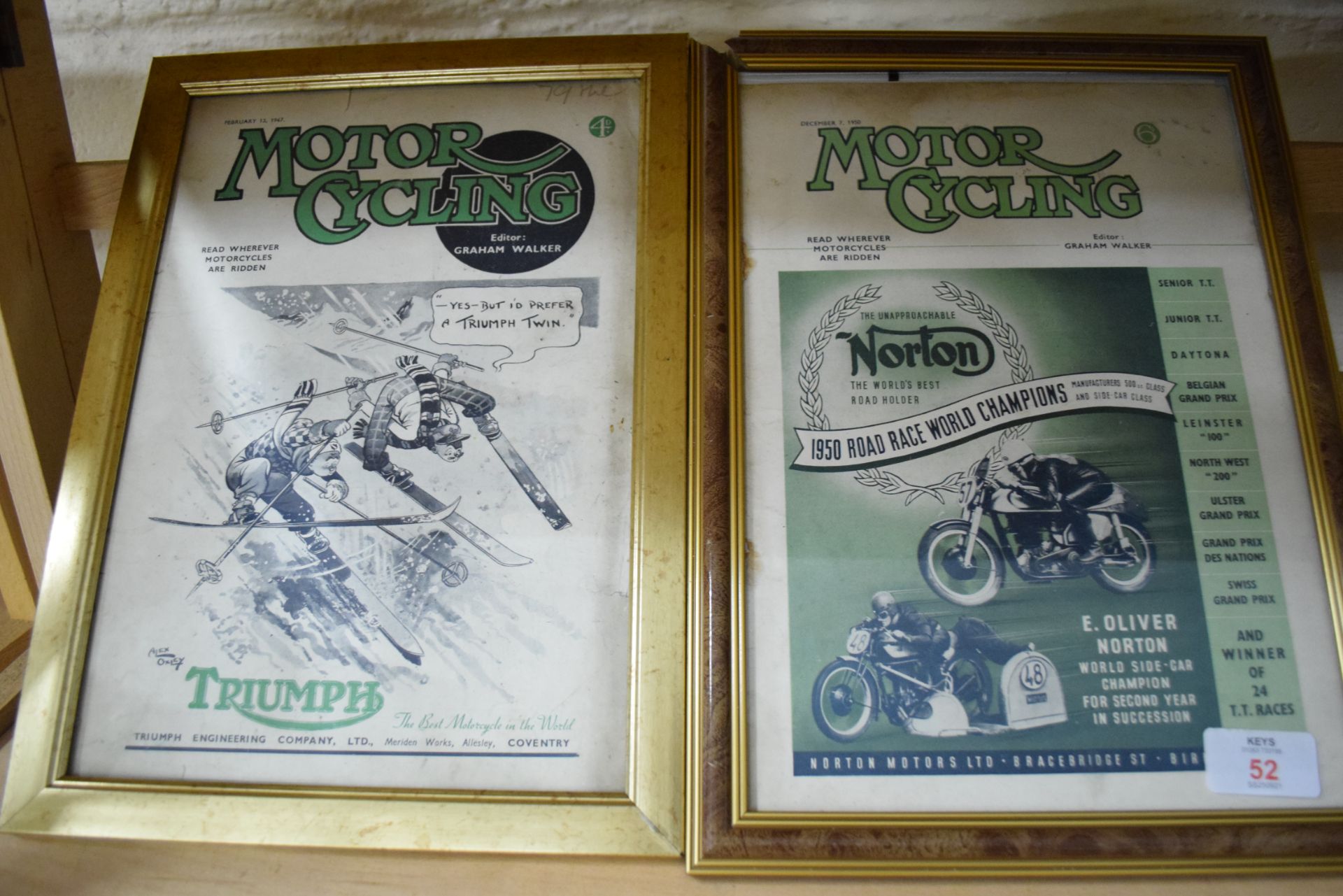Two advertising prints, one for Triumph, one for Norton