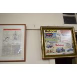 Framed illustration depicting carburettor tuning, together with a framed collage of Autocar and
