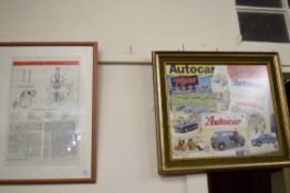 Framed illustration depicting carburettor tuning, together with a framed collage of Autocar and