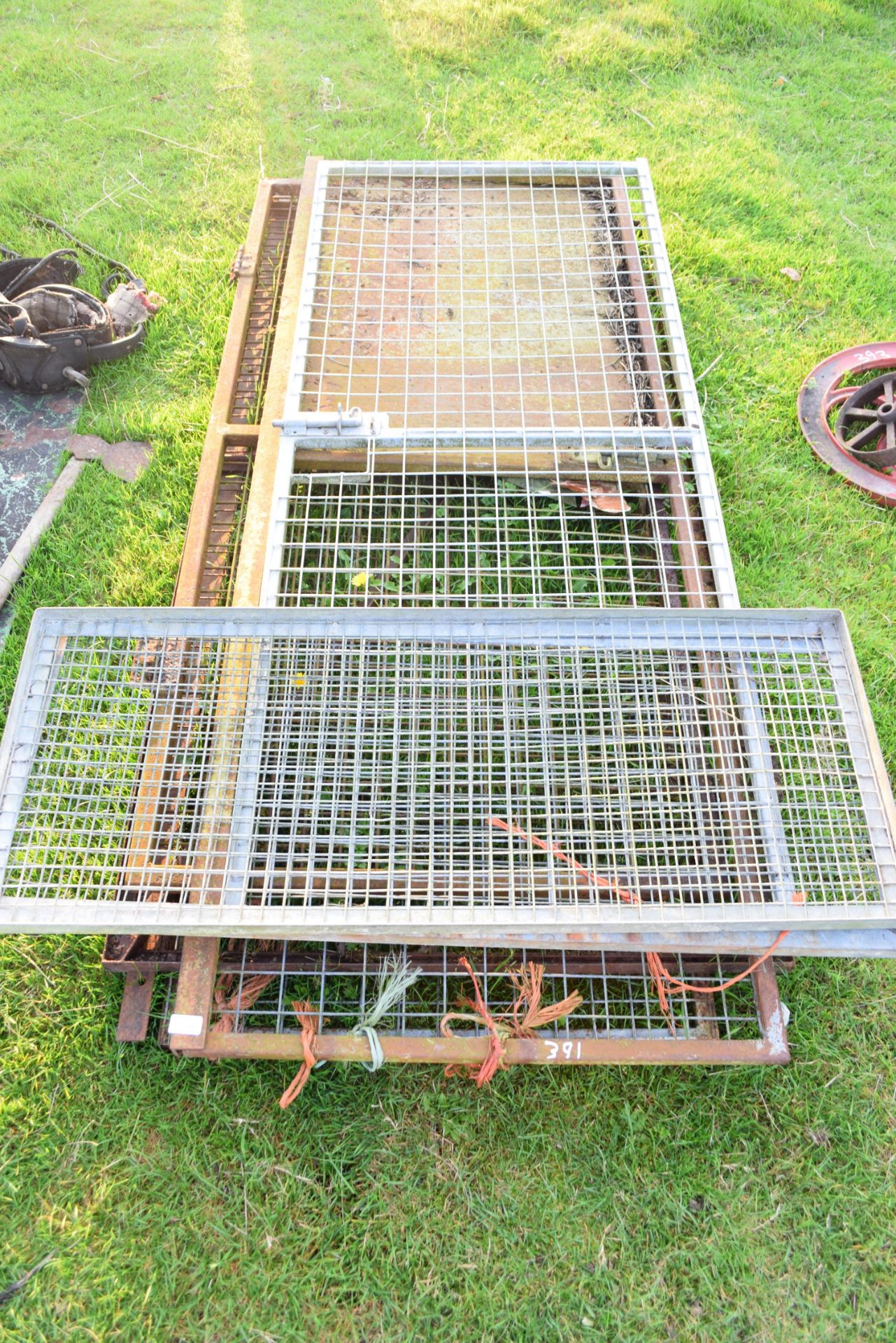 Five iron and mesh gates, various sizes, together with two further galvanised meshwork panels