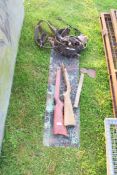 Mixed Lot comprising a hand axe, two wooden rifle butts and an enamel sign (a/f) (4)