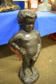 Heavy cast bronzed metal statue of urinating boy, height approx 84cm