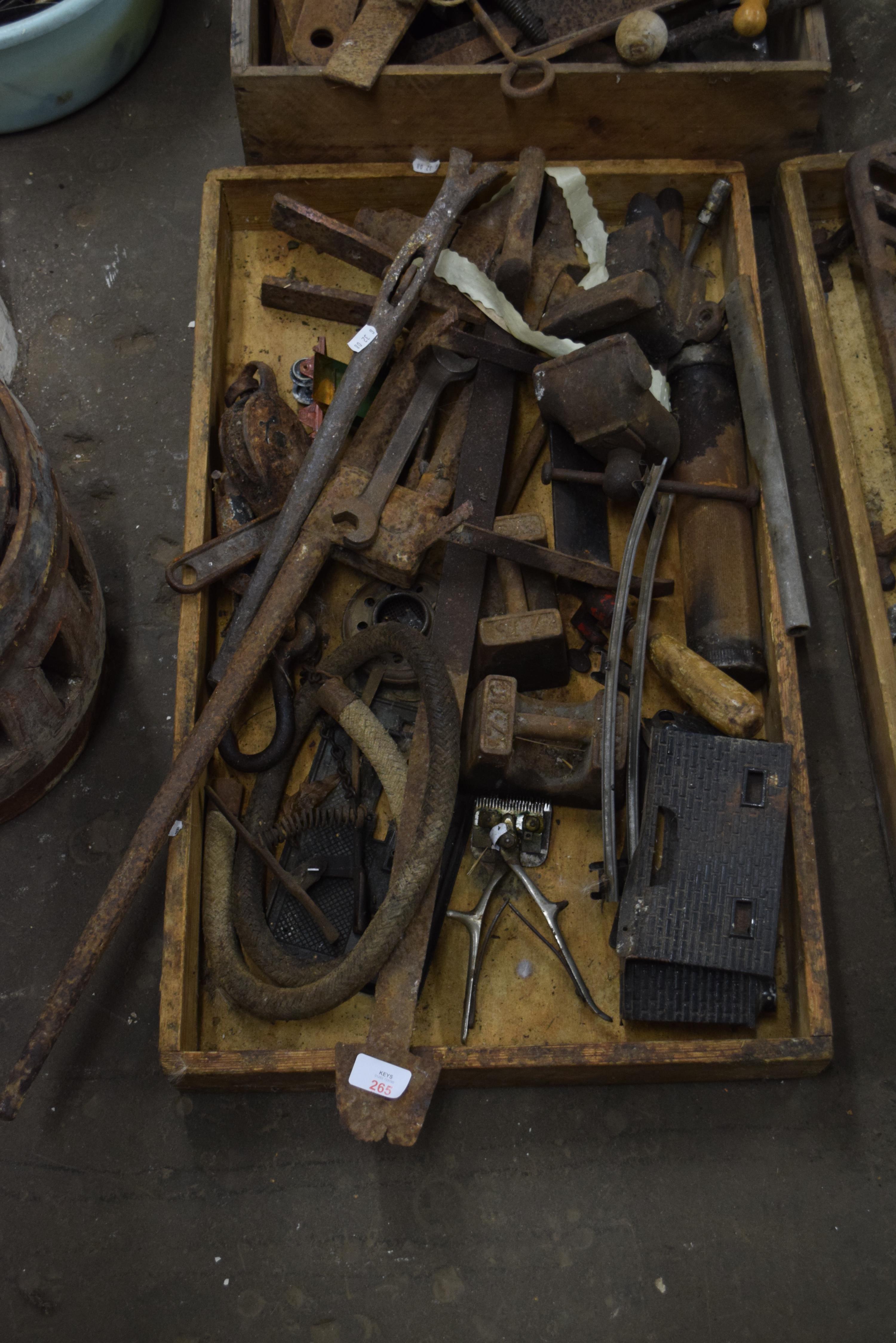 Box containing vintage tools