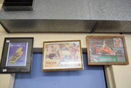 Three motorcycling and motorsport framed advertisements