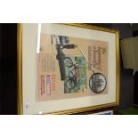 Framed advertisement from The Motorcycle weekly for RD50M Yamaha moped, approx 44 x 54cm