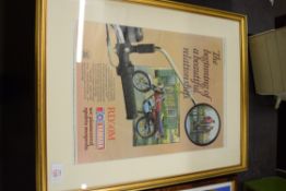 Framed advertisement from The Motorcycle weekly for RD50M Yamaha moped, approx 44 x 54cm