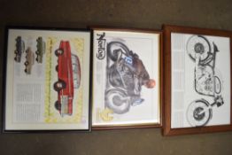 Three framed motorcycle/car adverts for the Victor, Norton Manx 350 and Norton Manx 500