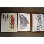 Three framed motorcycle/car adverts for the Victor, Norton Manx 350 and Norton Manx 500