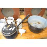 Quantity of various enamel wares comprising milk can, jugs etc, and two large jam pans and a Judge