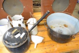 Quantity of various enamel wares comprising milk can, jugs etc, and two large jam pans and a Judge