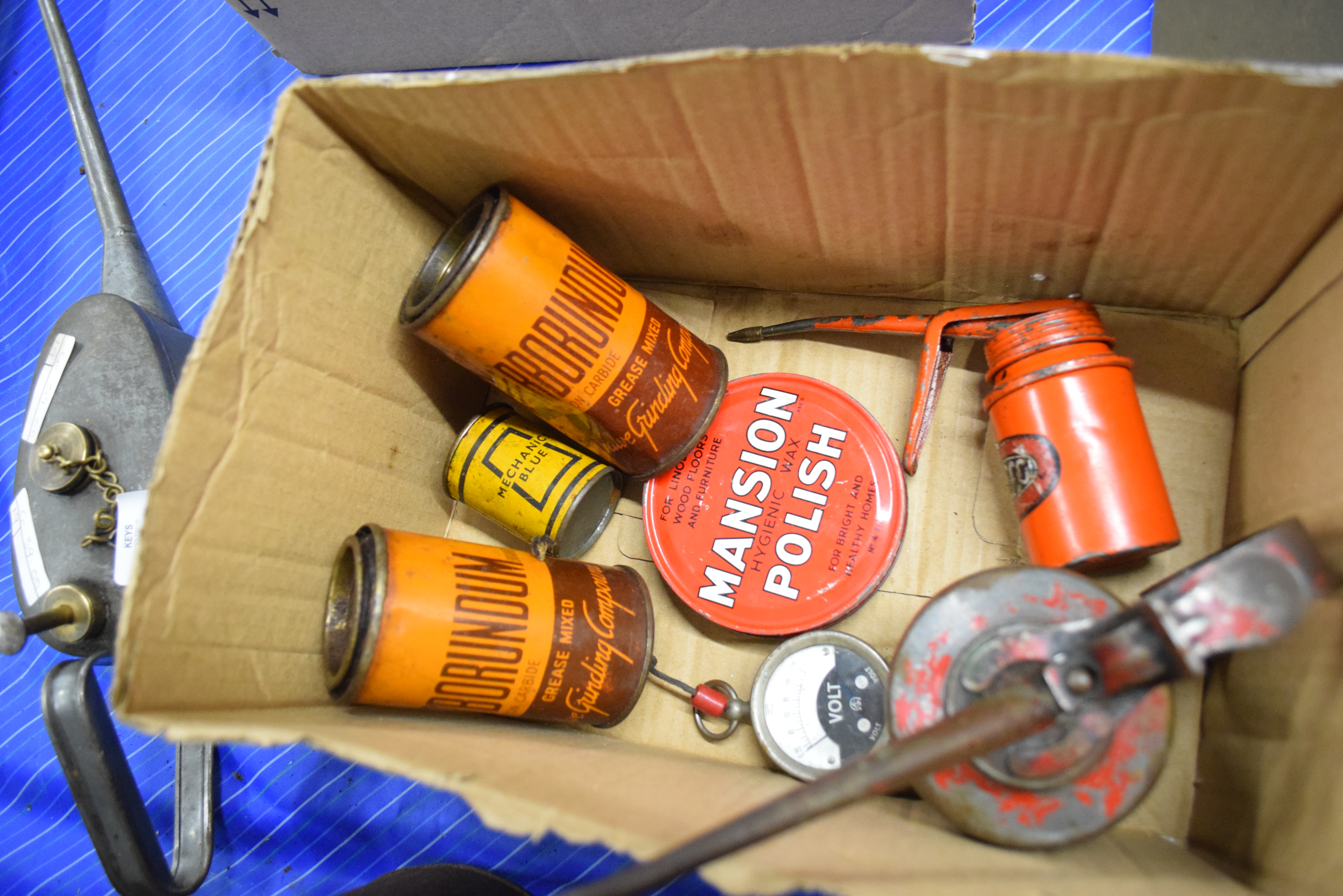 Box containing three oil cans, vintage voltmeter - Image 2 of 2