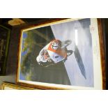 Framed print depicting Bob MacIntyre "The Flying Scot" on 350cc Gilera, frame approx 32 x 43cm