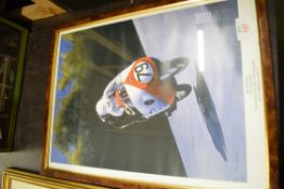 Framed print depicting Bob MacIntyre "The Flying Scot" on 350cc Gilera, frame approx 32 x 43cm
