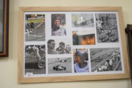 Frame containing various motor racing interest photographs, frame approx 66 x 45cm
