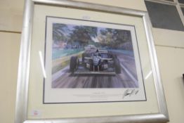 Framed poster "Championship Victor" signed Damon Hill, after Michael Turner, frame approx 69 x 61cm