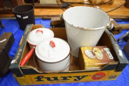 Box of enamel items to include pail, saucepan, small bin etc