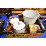 Box of enamel items to include pail, saucepan, small bin etc