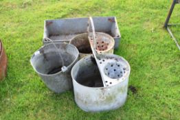 Two galvanised mop buckets, a further galvanised bucket and a further galvanised rectangular