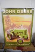 Printed John Deere advertising sign, metal, "John Deere, Power to make the earth move" featuring a