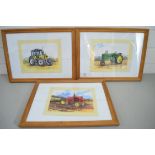 Set of three framed Tony Bryant pictures depicting John Deere, Renault and Massey Harris tractors,