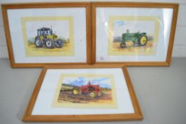 Set of three framed Tony Bryant pictures depicting John Deere, Renault and Massey Harris tractors,