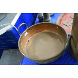 Large copper twin handled cooking pan, diam approx 36cm