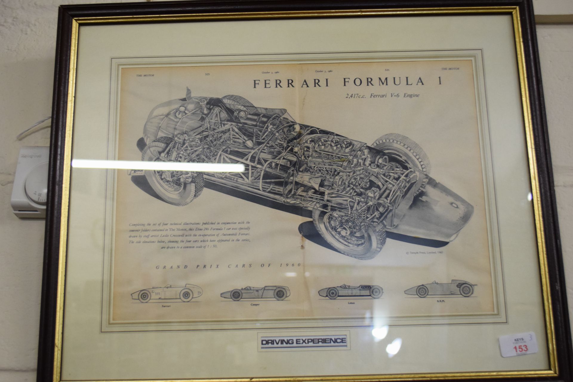 Framed advert for Ferrari Formula 1 together with a framed illustration of a Gould charge - Image 2 of 4