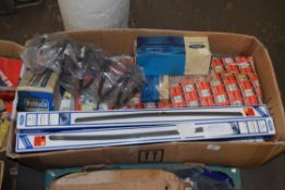 Two boxes containing auto spares including wiper blades etc