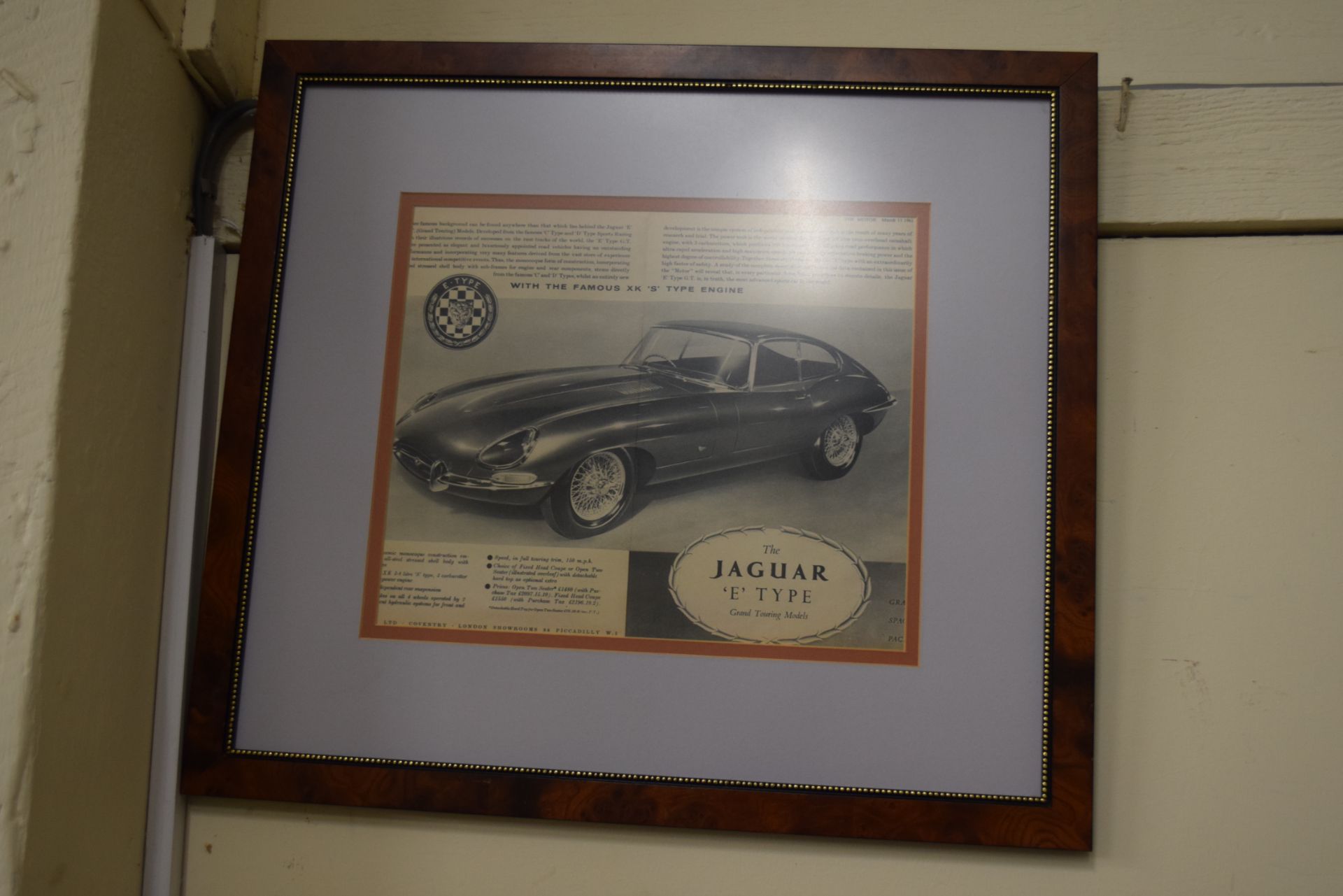 Framed advert for The Jaguar E-type GT together with framed Autocar illustration of the 1964 Formula