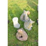 Mixed lot of composition garden ornaments to include a pig, a fox, and a Roman style head