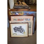Selection of framed, mostly motorcycle interest, prints