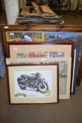 Selection of framed, mostly motorcycle interest, prints