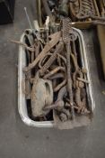 Box containing pulley block, various iron ware etc