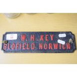 Small iron plaque for W H Key, Blofield, Norwich