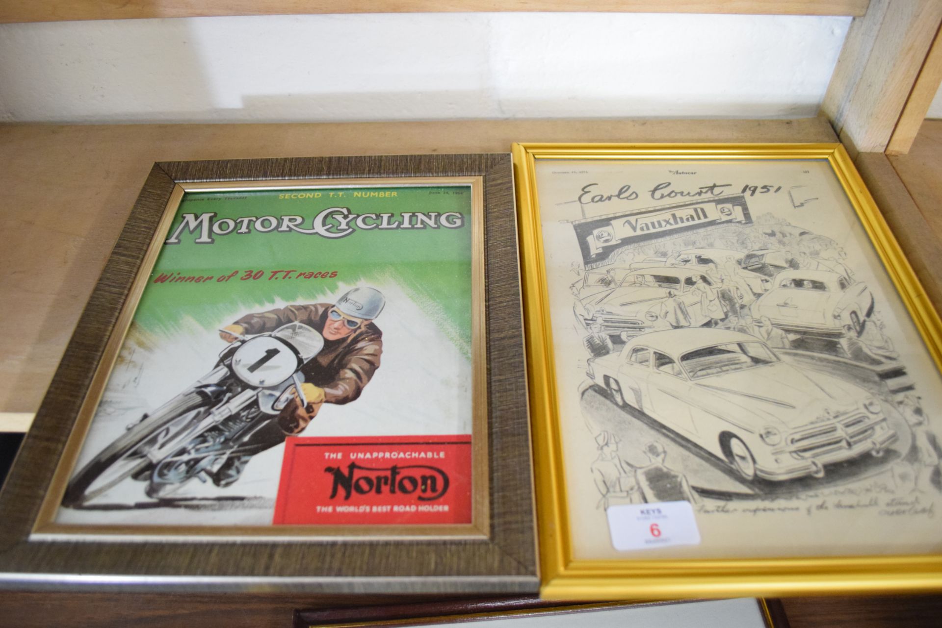 Pair of advertising prints taken from magazines - Norton Motorcycles and Vauxhall cars