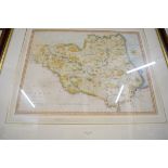 Framed printed map of Durham, engraved John Cary, 1895, frame approx 80 x 70cm