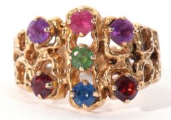 Modern 9ct gold pierced textured ring, multi-gem set with garnets, peridots, topaz etc, 5.9gms, re-