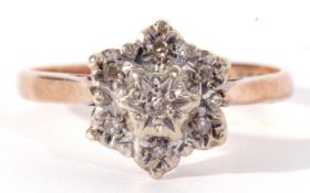 9ct gold diamond cluster ring featuring six small diamonds in illusion settings, size T