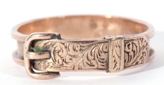 Vintage yellow metal buckle ring, engraved and chased detail, unmarked, tests for 9ct gold, g/w 1.