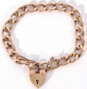 9ct gold flattened curb link bracelet, heart and padlock fitting, 21.5gms