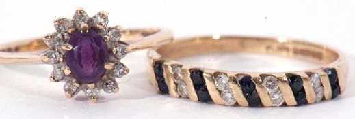Mixed Lot: modern 9ct gold diamond and sapphire half hoop ring, alternate set with two small