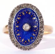 Vintage blue enamel and diamond ring, the blue enamel plaque 18 x 14mm, highlighted with gold and
