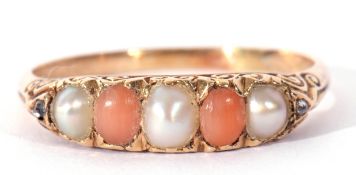 Vintage pearl and coral bead ring, alternate set with three split seed pearls and two coral beads,